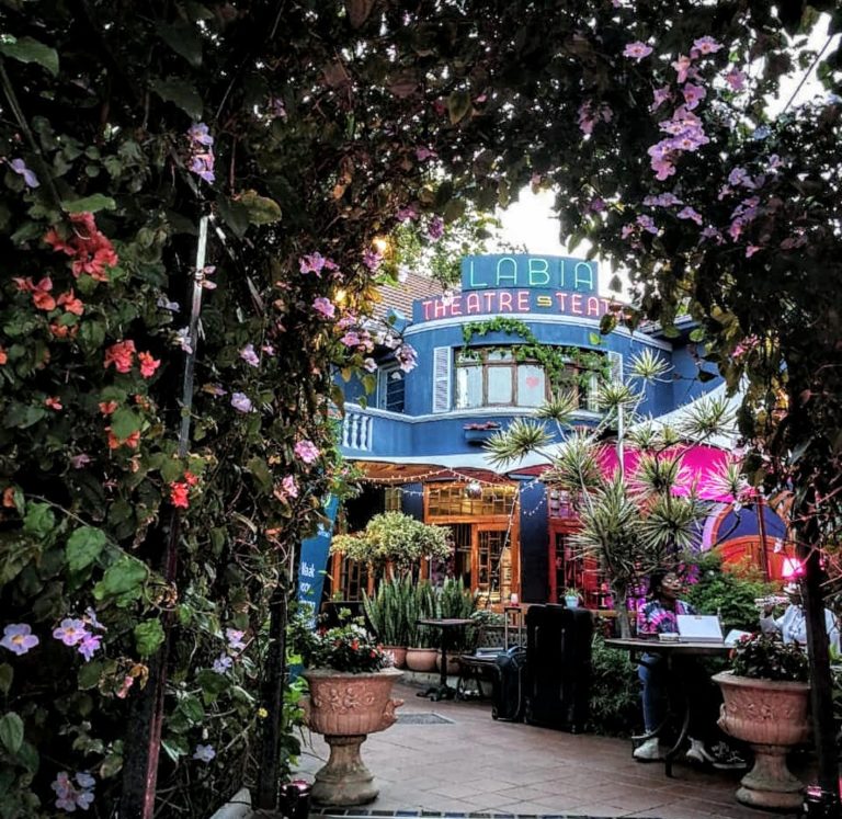 The Labia Theatre seen from the entrance, with pink flowers and the neon lights shining