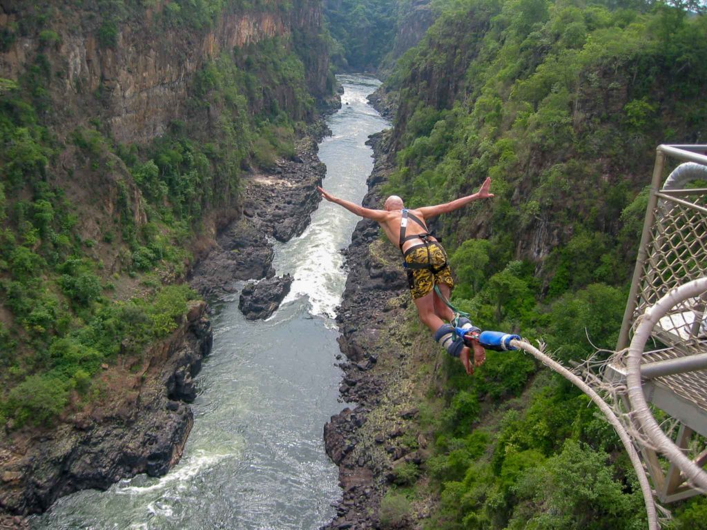A guy just jumped of the Victoria Falls Bridge with a bungeecord tied to his legs