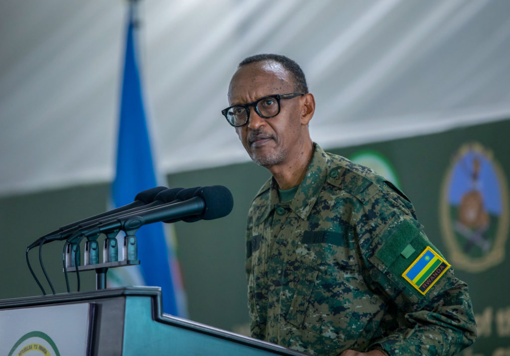 President van Rwanda, Paul Kagame, geeft een speech
